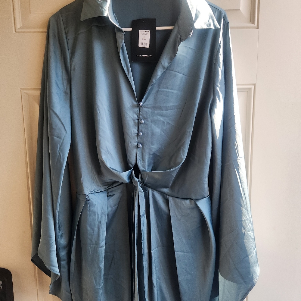 Satin Button-Up Blouse in Blue